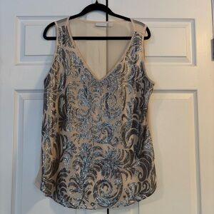 Y2K Cream New York & Company Sleeveless Blouse with Metallic Sequined Swirl